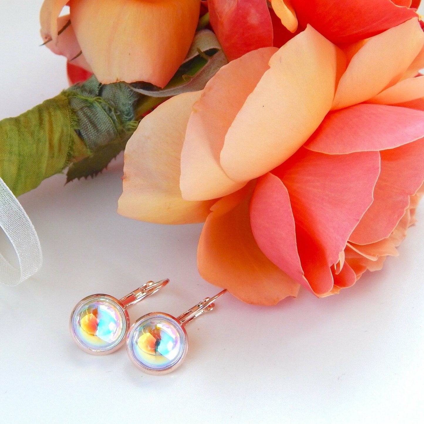 Rose gold bubble crystal leverback earrings